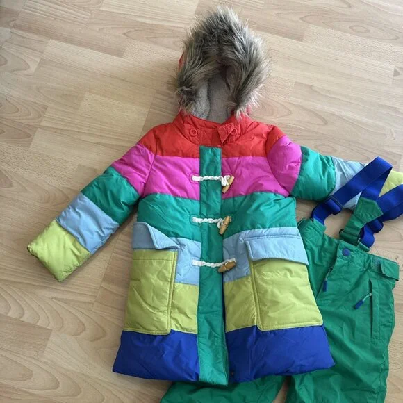 Boden Powder PufferSnow Fur Jacket Color Block & Bib Matching Set Size 5-6y